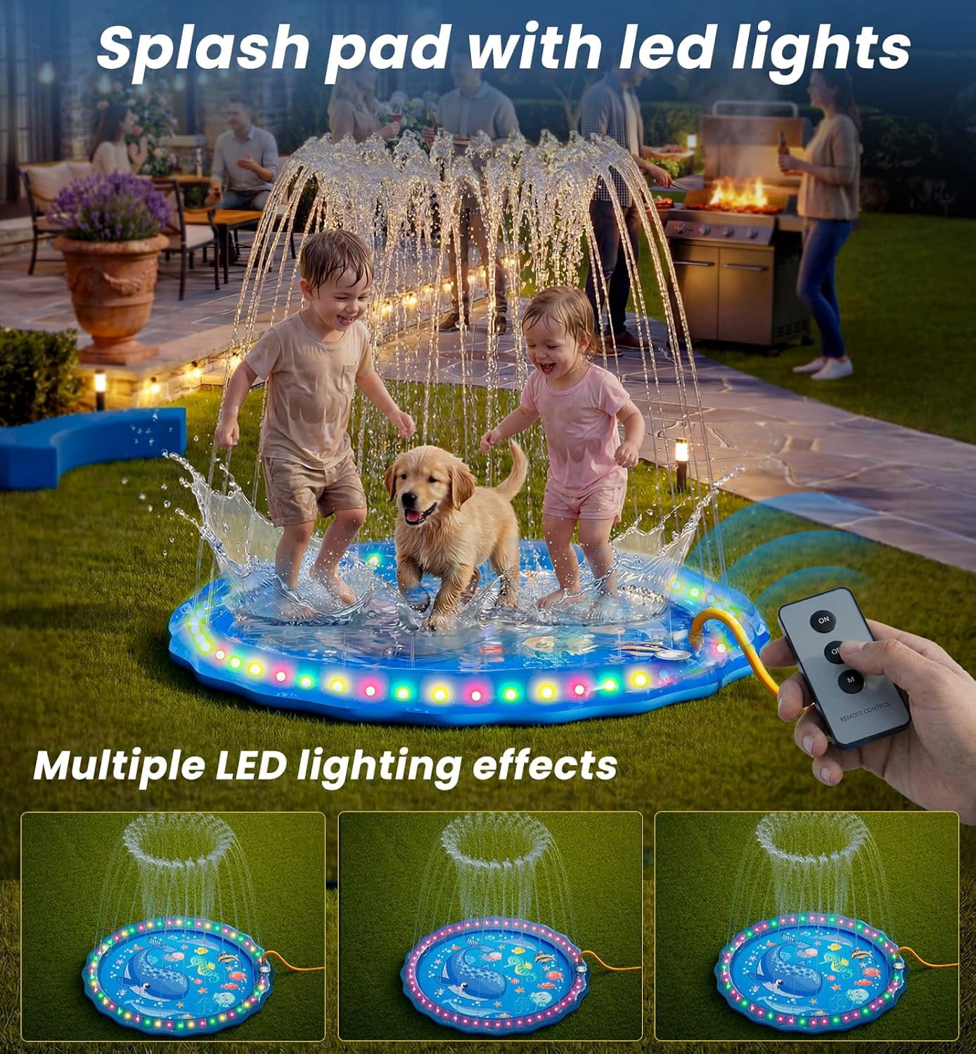 LED Glowing Splash Pad Sprinkler for Kids & Dogs, 60" Non-Slip Outdoor Water Toys Toddler Sprinkler Pool Splash Pad/Play Mat,LED Light Boys Girls Yard Sprinkler Pool for Age 3 4 5 6 7 8 9