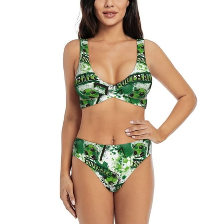 Zeuib Football 7 High Waisted Tummy Control Bikini Set - Knot Front Push Up Top & Cheeky Thong Bottom  Two-Piece Swimsuit for Women-Medium