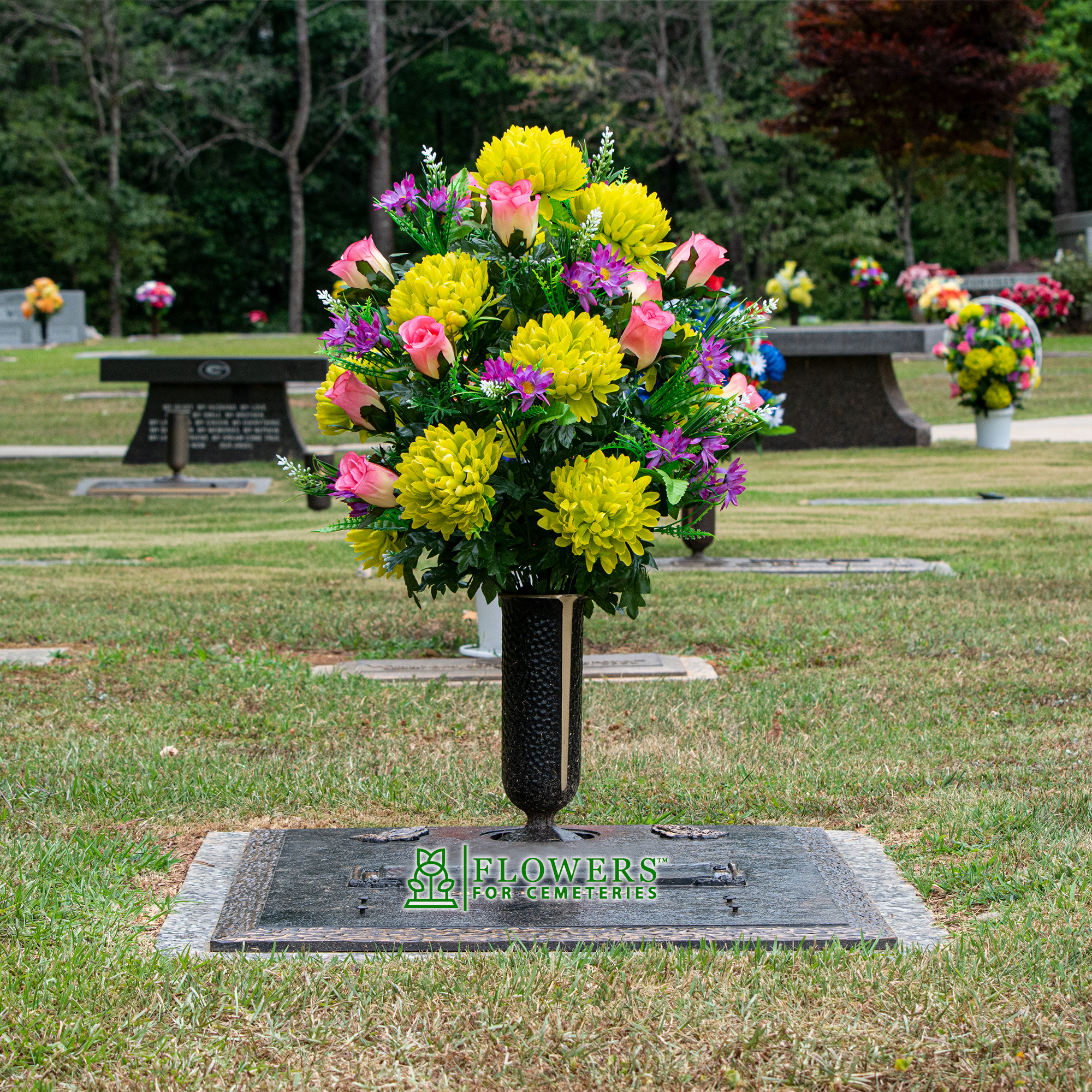 Sympathy Silks Artificial Cemetery Flowers -Lime Mum and Lavender Rose Bouquet