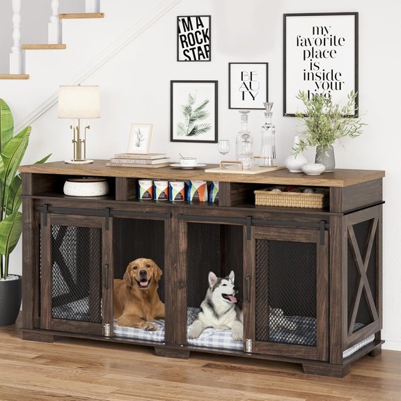 Yeshouse Extra Large Dog Crate Furniture, 71” Double Kennel with Storage Drawers, Removable Divider, Barn Door & TV Stand