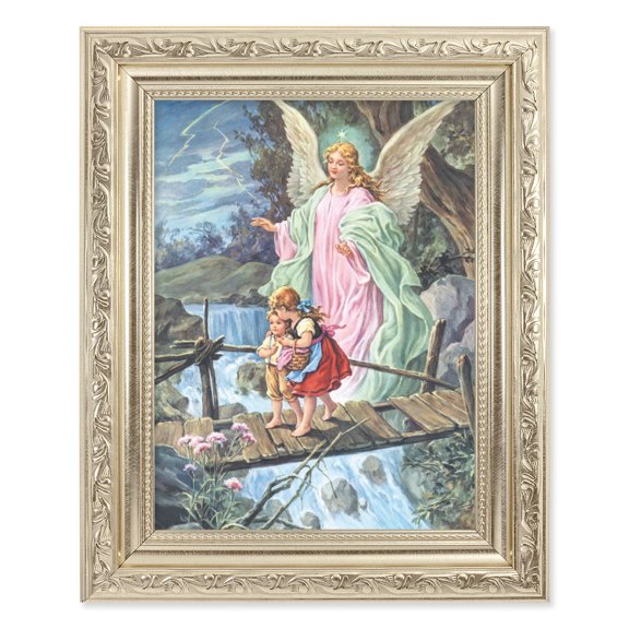 Guardian Angel Picture Framed Wall Art Decor Medium, Antique Silver Finished Frame with Acanthus-Leaf Detail