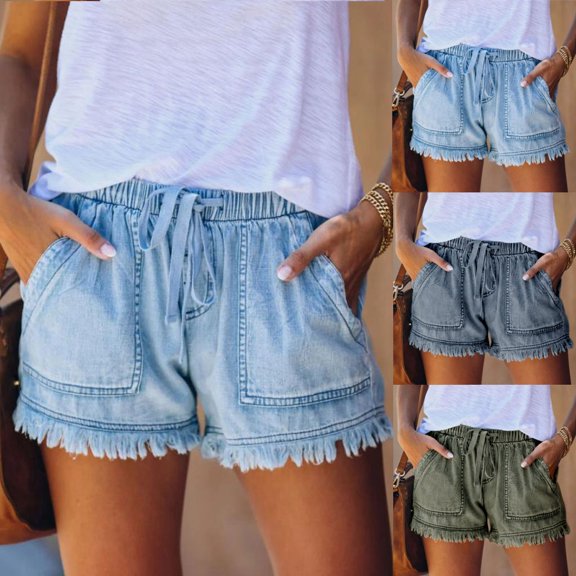 Fengqque Womens Shorts Baggy Trendy Hot Pants Elastic Waist Drawstring Comfy Shorts with Pockets Light Blue 2(XS)