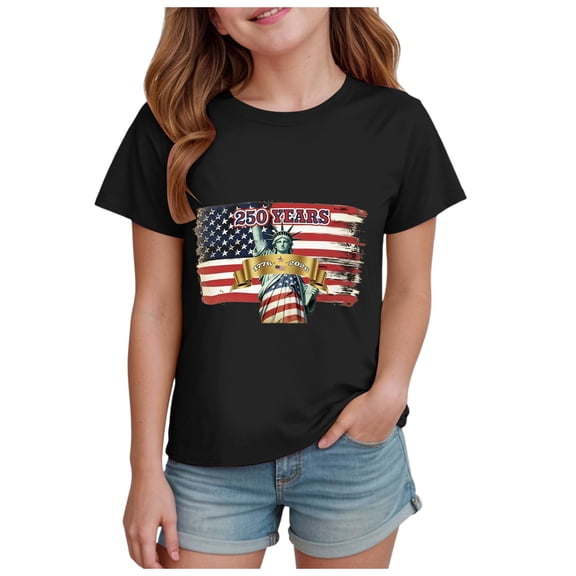Karoyedx Girls Casual Tee 4th of July Shirts Girls Patriotic Shirt 250 Anniversary USA Tops Kids American Flag Tshirt Tee Black Size,13-14 Years