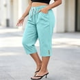 thumbnail image 2 of Lenpel Plus Size Capri Pants for Women Fall Cotton Linen High Waisted Loose Cropped Trousers with Pockets Casual Trendy Button Capris(Light Blue,X-Large), 2 of 7