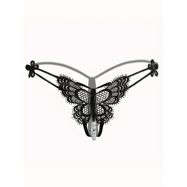 Tangas con bordado de mariposas, bragas de perlas sintéticas con abertura en la entrepierna, lencería y ropa interior sexy para mujer