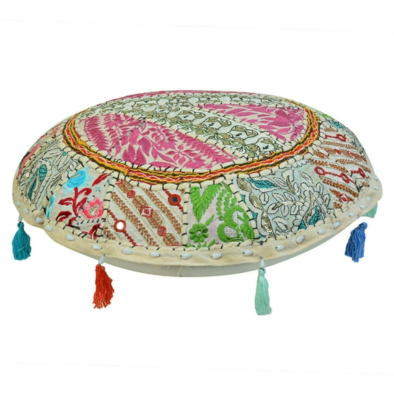 Stylo Culture Ethnic Outdoor Floor Cushion Vintage Bohemian Patchwork Cover Round White Small Throw Pillow Covers 18 x 18 Decorative Decor Seating Tuffet Cover Footstool Cotton Embroidered 1 Pc