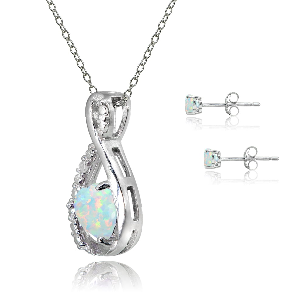 Sterling Silver Simulated White Opal & Diamond Accent Infinity Heart Pendant Necklace & Stud Earrings Jewelry Set