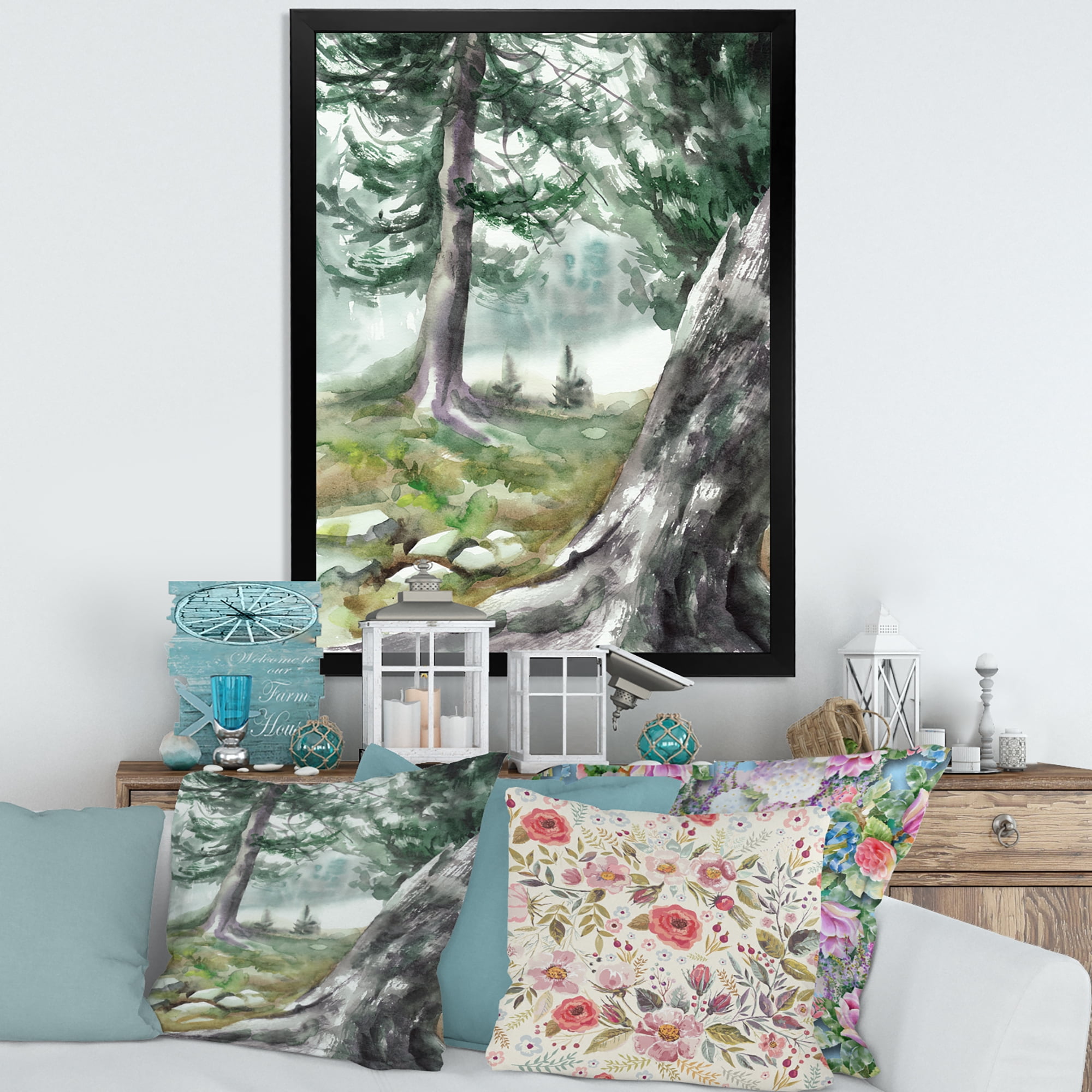 Designart 'Pine Forest In The Early Morning Glow' Lake House Framed Art Print