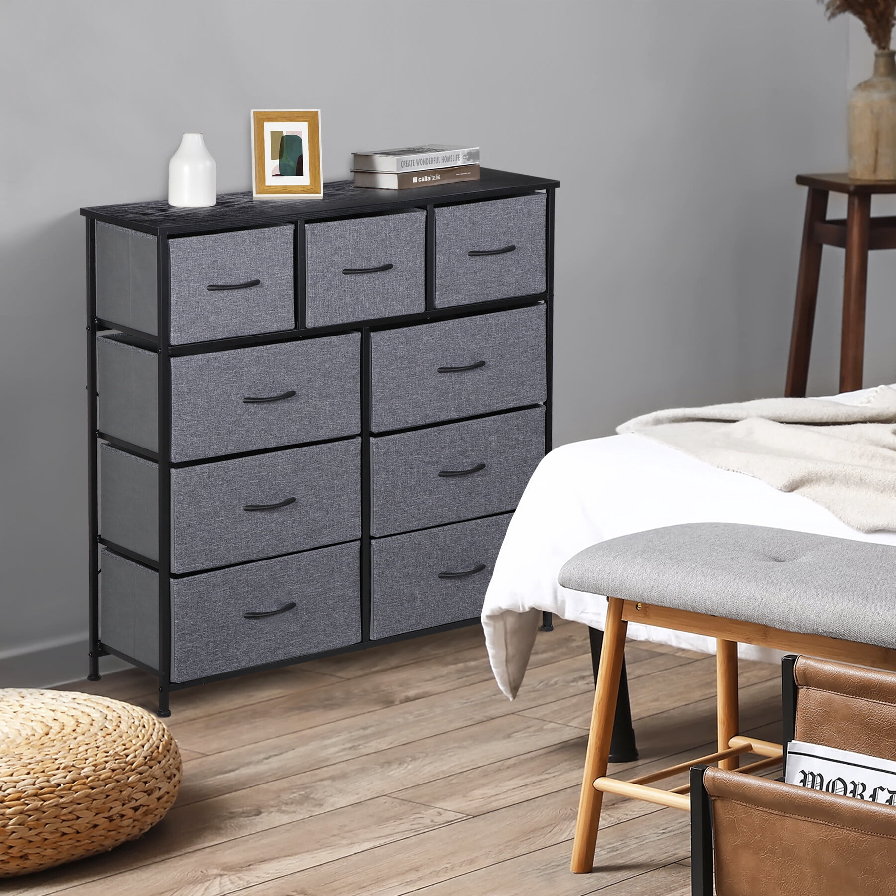 ZENY 9-Drawer Dresser with Steel Frame and Wood Top, Gray