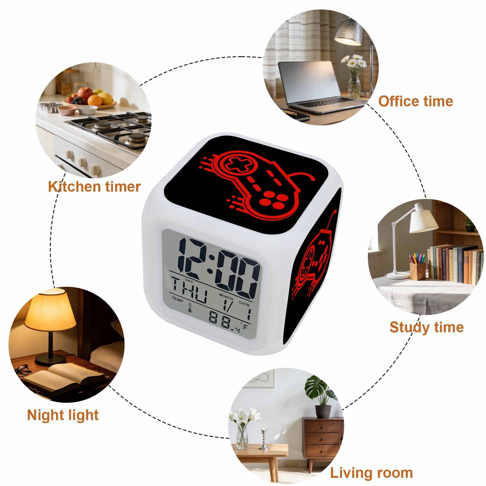 Alarm Clocks Video Games Controller Digital Clock 7 Color LED Night Light Silent Non-Ticking Battery Operated Black Red Gaming Console Cube Clocks for Bedroom Bedside Living Room Office School