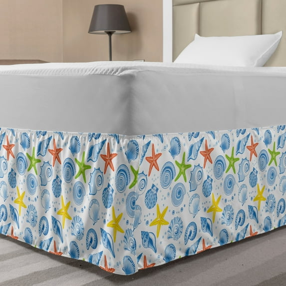 Sea Shells Bed Skirt, Starfishes Aqua Marine Inspirations Aquarium Oyster Nautical Wildlife Underwater, Elastic Bedskirt Dust Ruffle Wrap Around for Bedding Decor, 4 Sizes, Multicolor, by Ambesonne