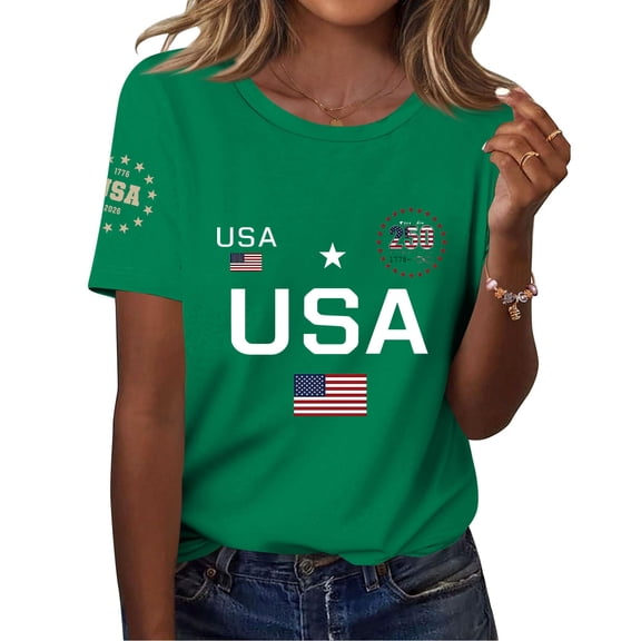 SAATLERI 250th Anniversary Usa Shirt Women's Casual America Flag Print Crew Neck Short Sleeve Tee Tops Patriotic Shirts
