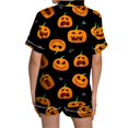 thumbnail image 4 of siminsem Short Sleeve Satin Pajama Set with Graphic Print for Women Button Front Top and Matching Shorts 2 Piece Cute Sleepwear Loungewear Nightwear, Black,XXXL, 4 of 5