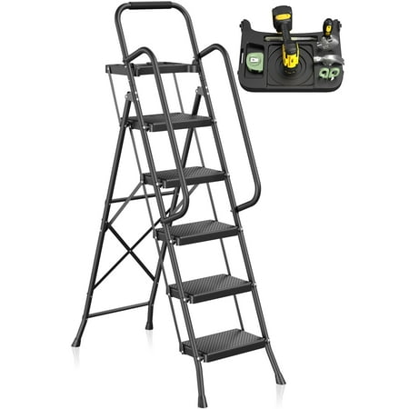 JOZ 5-Step Ladder  350lbs Portable Folding Ladders for Home  with Handrails and Tool Tray and Anti-Slip Pedal  Black