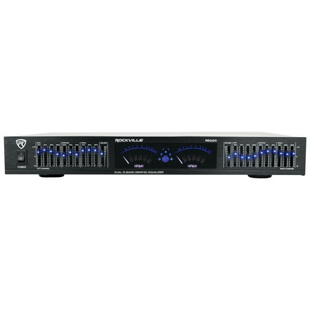 Rockville REQ20 Dual 10 Band Graphic Equalizer 19" Rack Mount, Stereo RCA Inputs/Outputs, VU Meters, LED-Lit Sliders, for Live Sound and Studio Recording