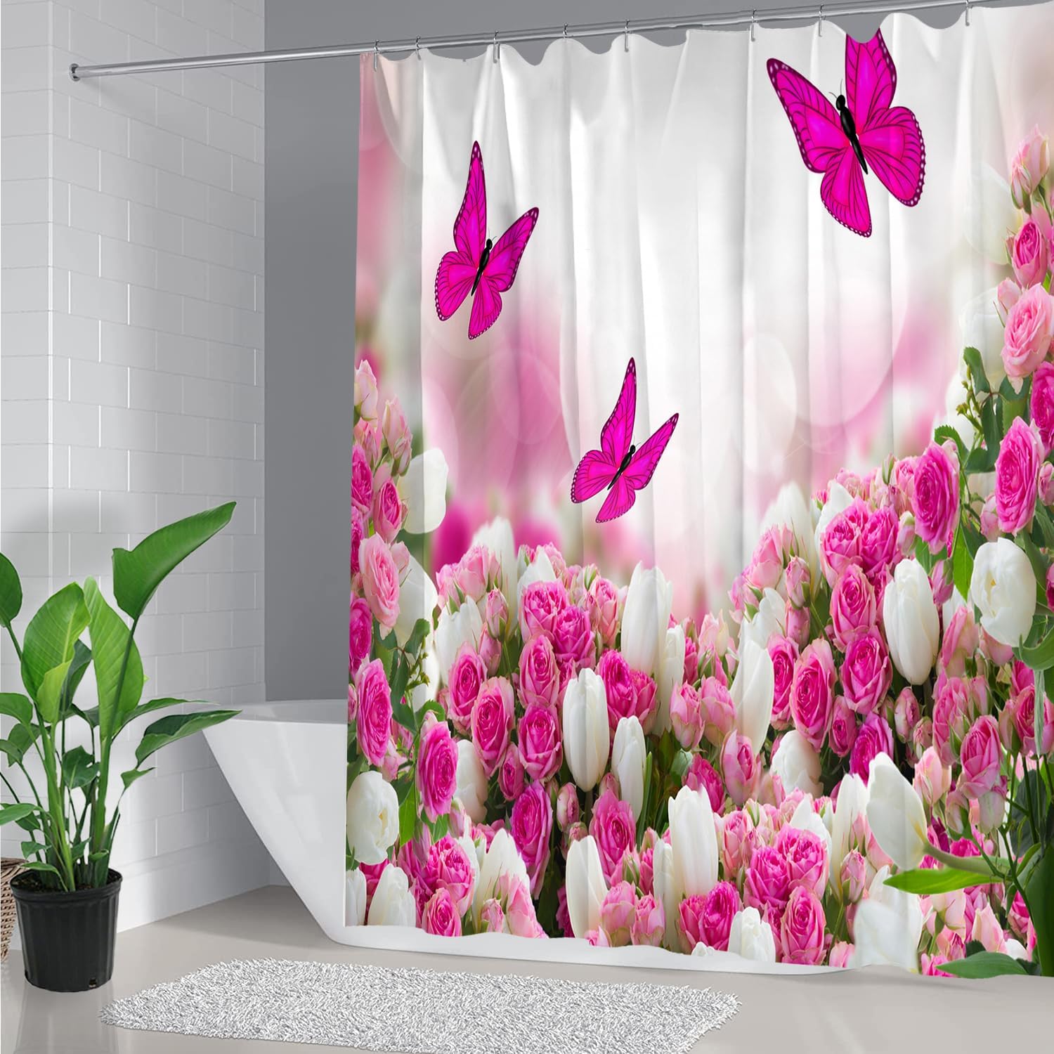 Bathroom Sets with Shower Curtain and Rugs, Toilet Lid Cover, Bath Mat, 4PCS Purple Rose Butterfly Shower Curtains for Bathroom, Romantic Flower Shower Curtains Set for Bathroom Decor