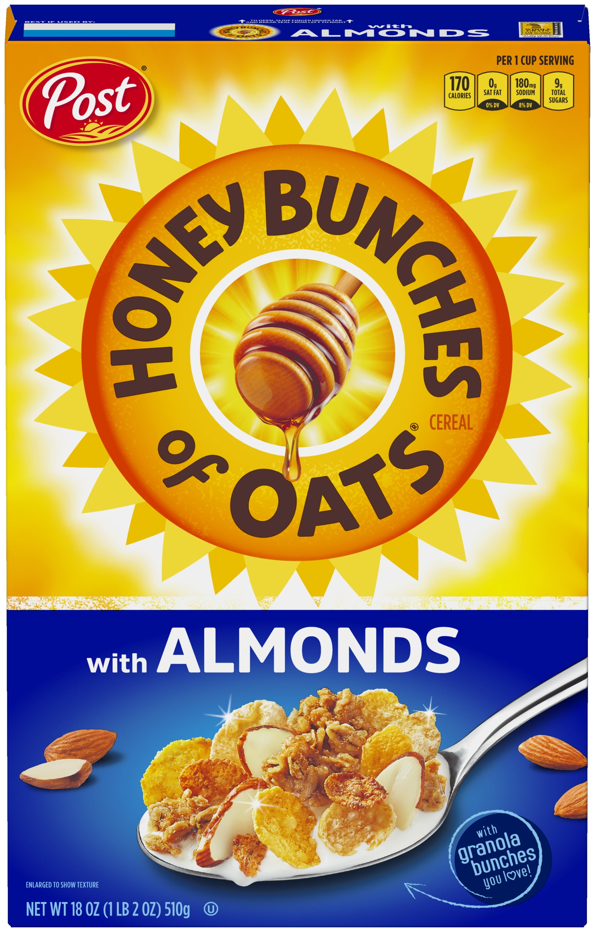 Post Honey Bunches of Oats with Almonds Breakfast Cereal, Family Size Cereal, 18 OZ Box