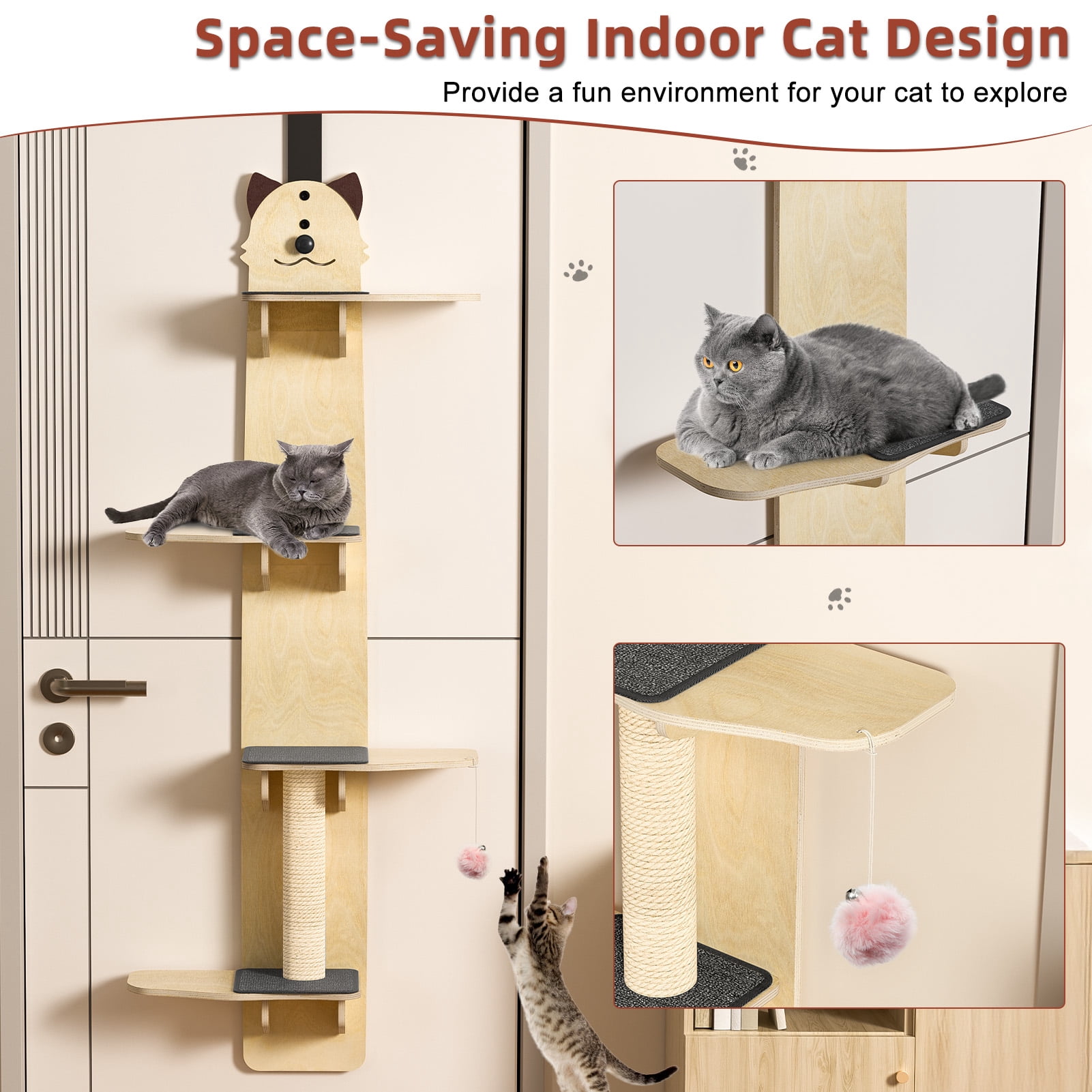 Baellsa Cat Climbing Shelves Cat Tree, 4-Levels Over Door Cat Climber for Jumping, Stable Cat Stairs Cat Hammock for Most Kittens & Adult Cats