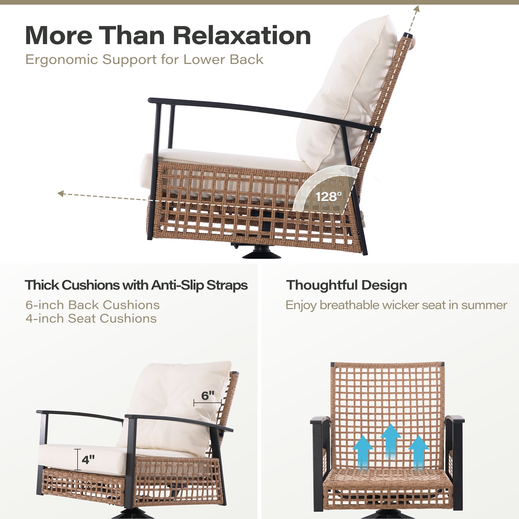 LAUSAINT HOME 3 Pieces Patio Outdoor Furniture Set with 2-Tier Coffee Table, PE Wicker Swivel & Rocking Chairs with Beige Cushions for Garden