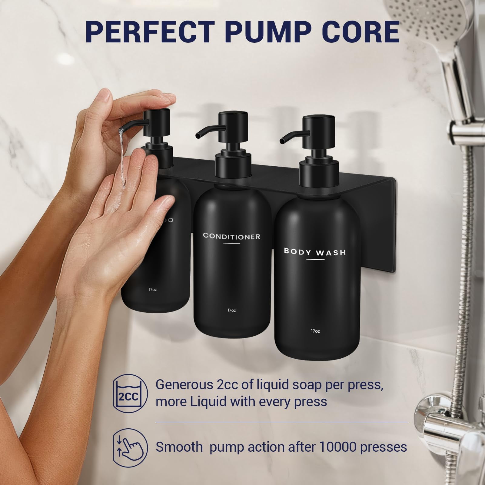 Shampoo and Conditioner Dispenser - Shower Soap Dispenser Wall Mounted - 17 fl oz Set of 3 Black Plastic Bottles Black Pump - Shampoo Dispenser, Shower Dispenser