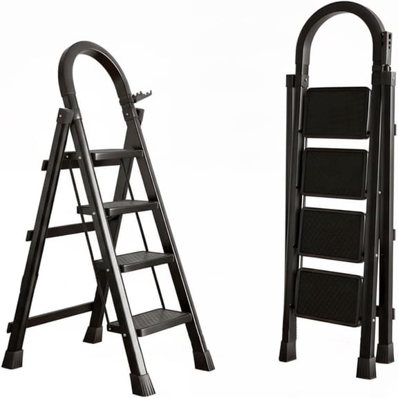 innhom 4-Step Folding Ladder - 330 lbs capacity, sturdy steel frame construction, wide non-slip steps and top handrail, versatile lightweight folding ladder, black