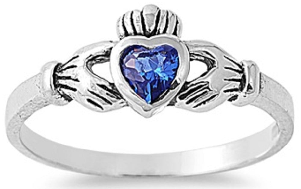 STERLING SILVER Baby RING W/CZ Faux Sapphire  Claddagh Pinky Ring~5