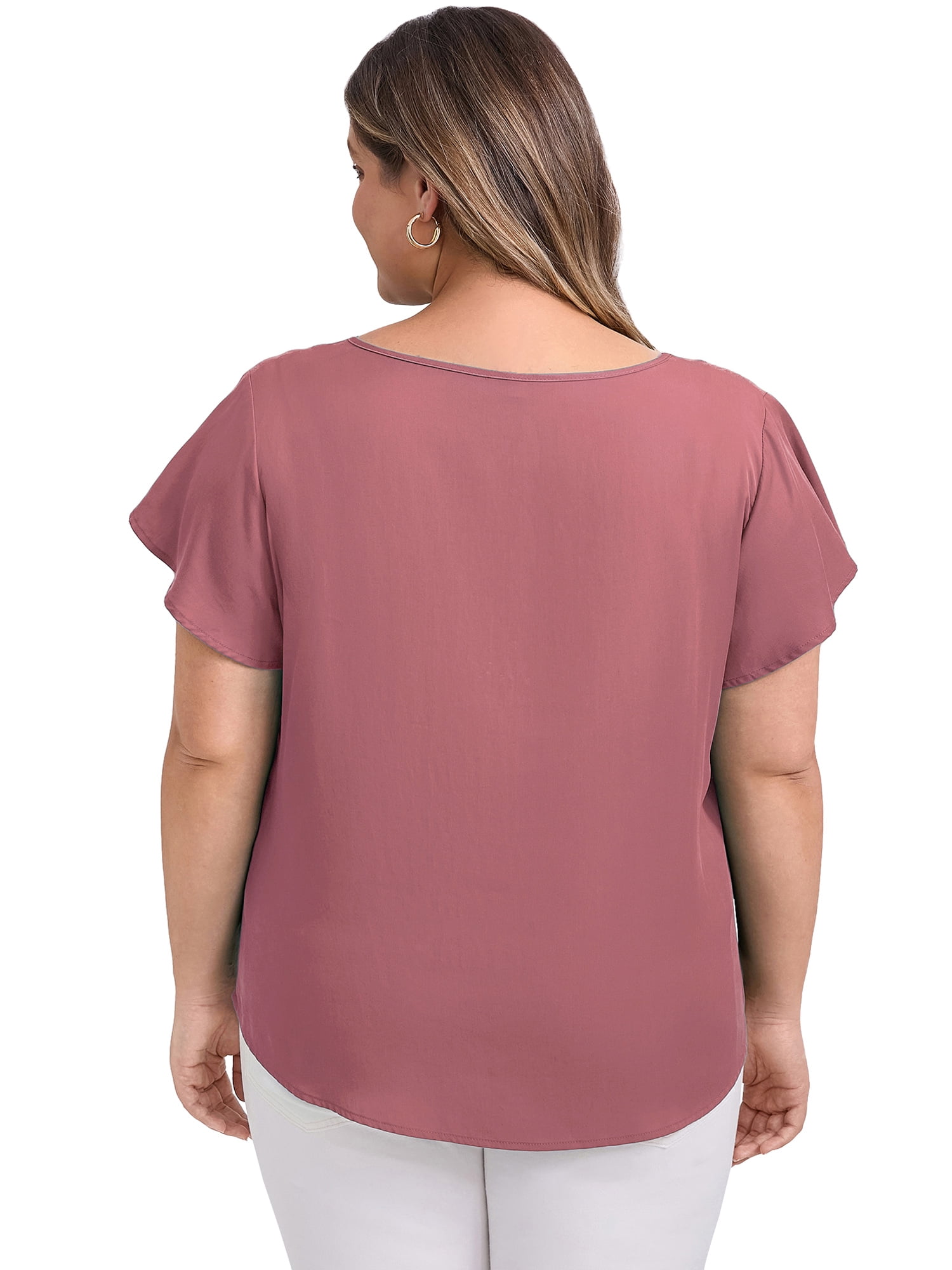 DARING DIVA Women's Plus V Neck Ruffle Sleeve Blouse 3X Dark Pink