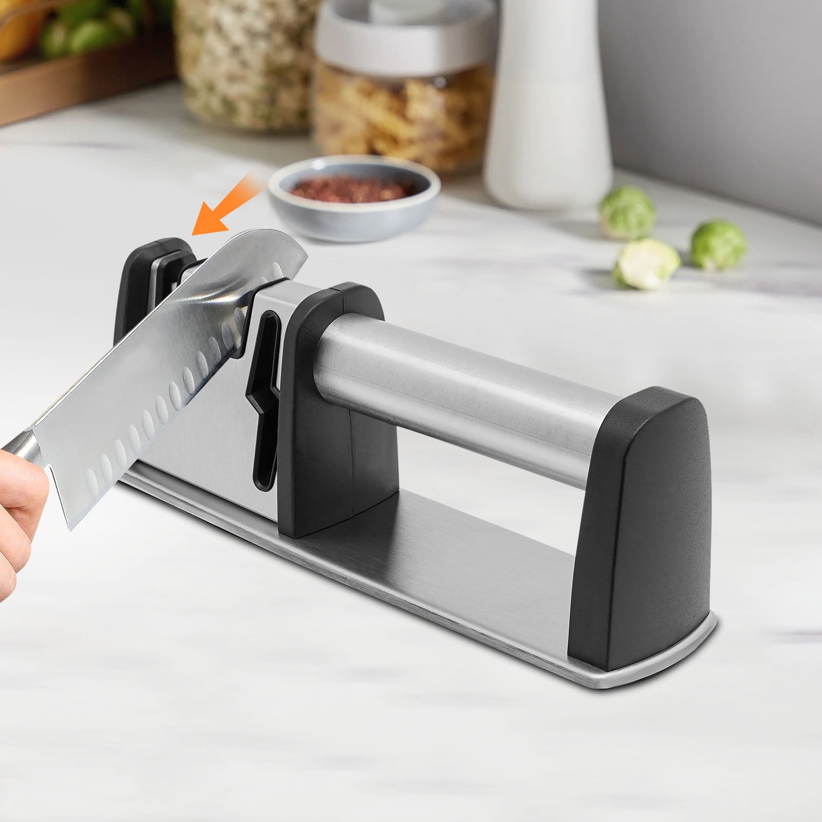 Knife Sharpeners, 4-Stage Kitchen Knives and Scissors Sharpening Tools, Professional Chef's Kitchen Knife Accessories to Repair Grind Polish Blade, Manual Kitchen Knife Sharpener(Silver）
