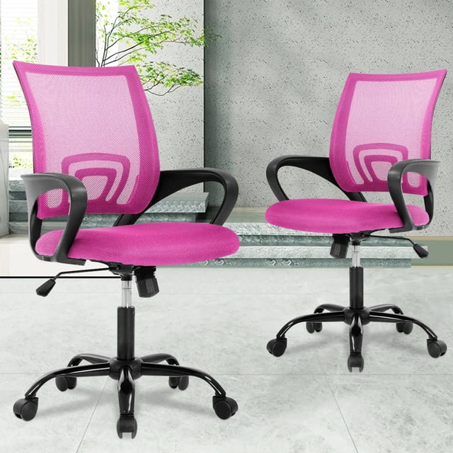 Mesh Desk Chair Set of 2,Ergonomic Office Chair Computer Chair with Lumbar Support& Armrests, Adjustable Mid-Back Computer Desk Chair, Modern Executive Rolling Swivel for Adults,Pink