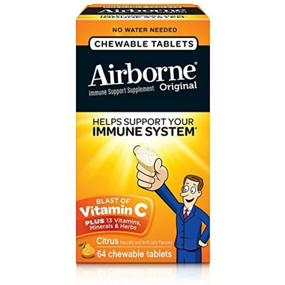 Airborne Chewable Vitamin C 1000mg Immune Support Supplement Tablets, Citrus, 64 ct (Pack of 4)