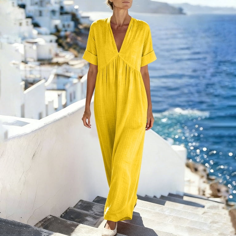 Pbfrdsj Flowy Dresses for Women Deep V Neck Ruched Loose Maxi Dress Summer Beach Half Sleeve Solid Color Vacation Sundress, Women's, Size: Medium