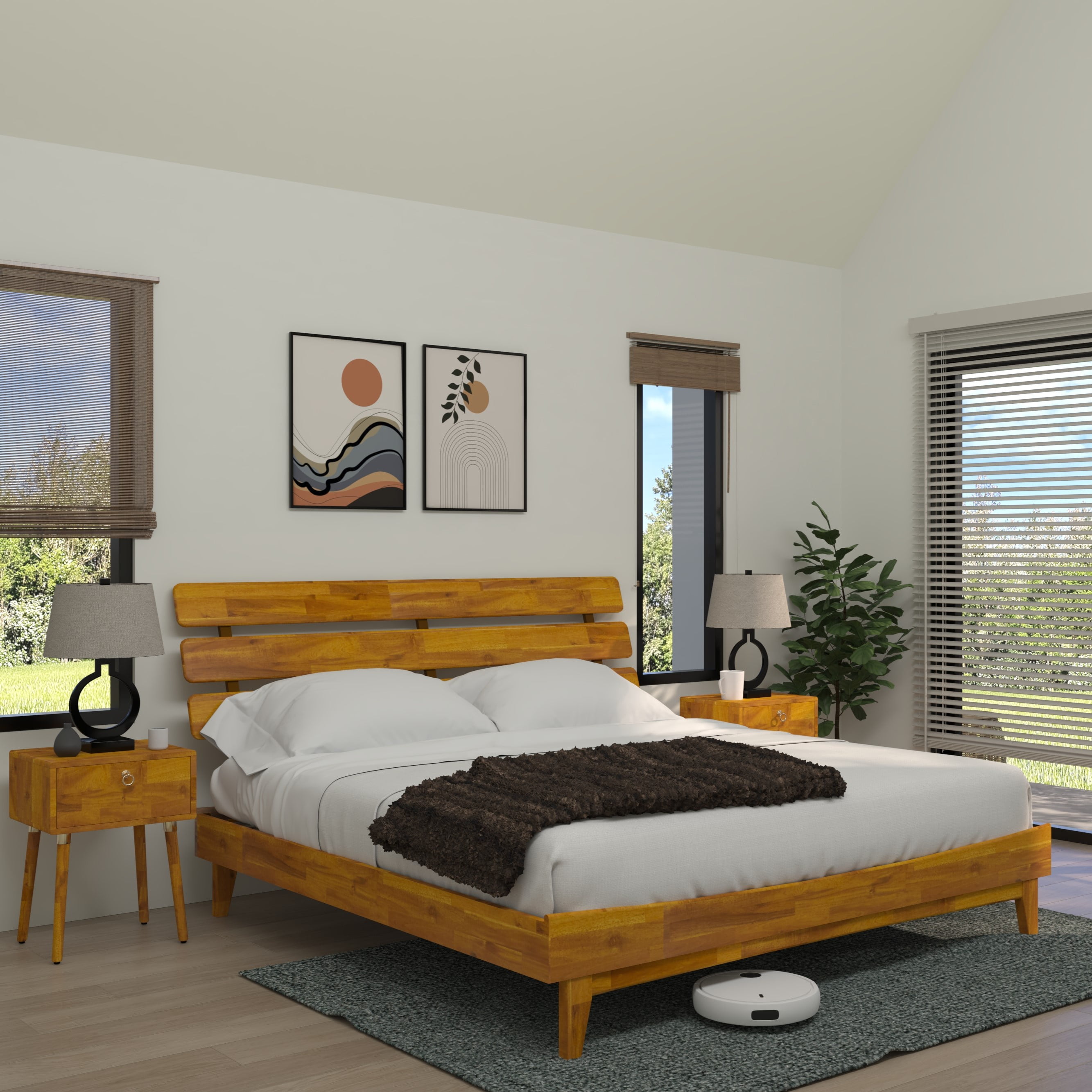 Dalen 45" King Bed Frame, Adjustable Headboard, Mid-Century, Solid Wood, Caramel
