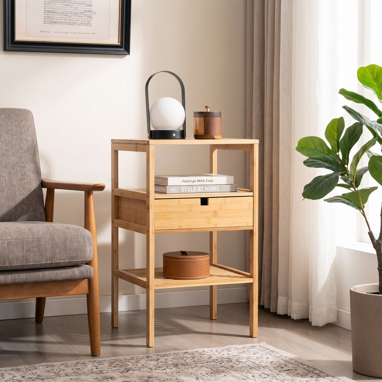 Furnibear Bamboo Nightstand with Storage Drawer and Slatted Open Shelf for Bedroom Living Room and Study Room, Wood Bedside Table, Natural