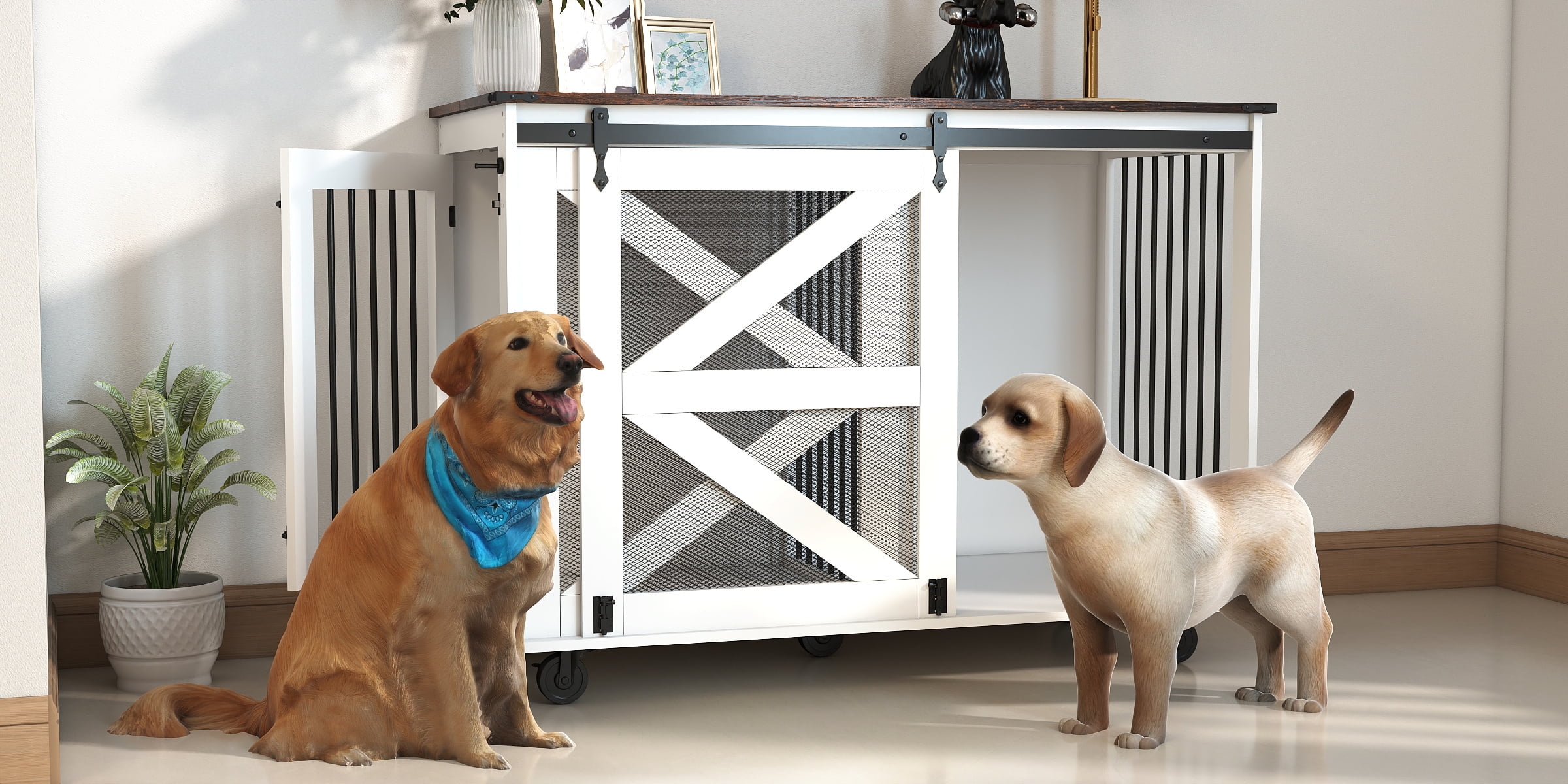 47.2" Mobile Dog Crate with Flip-Top Feeding Door, Dual-Access & 5 Caster System (2 Locking), Side Hooks - Multi-Functional Pet Kennel,double dog crate furniture