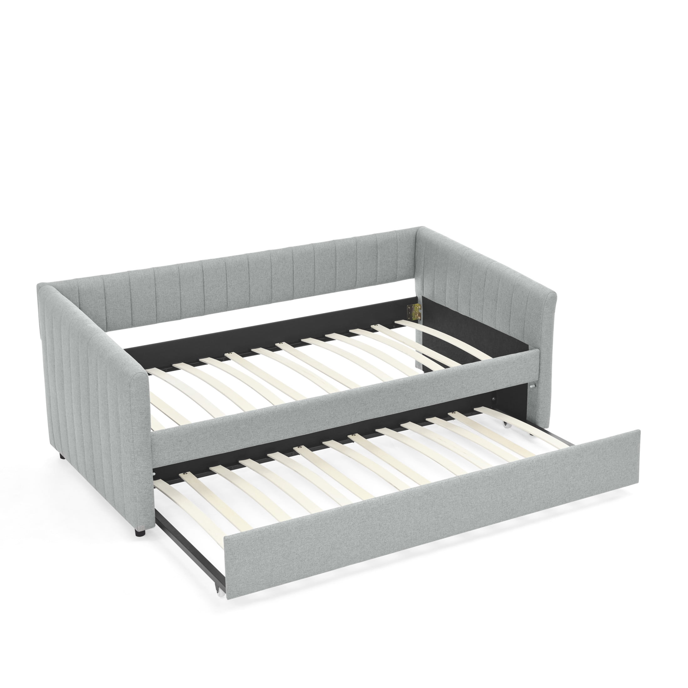 Noble House Marcel Twin-Size Daybed, Vertical Striped Breathable Linen Upholstered Sofa Bed with Hidden Trundle, Grey