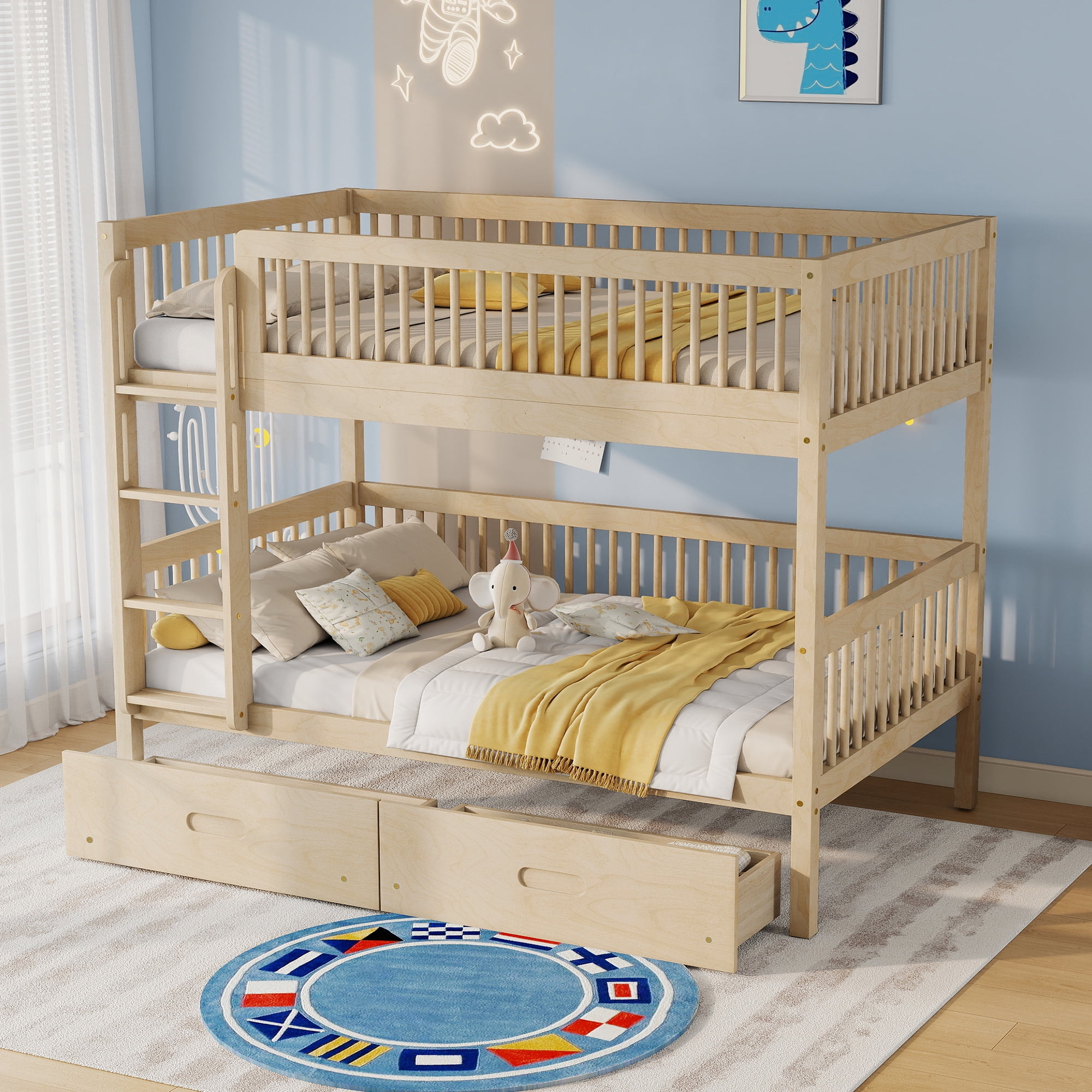 HOQBN Twin Over Twin Pine Wood Bunk Bed with 2 Drawers, Convertible into 2 Twin Beds, Twin Over Twin Bunk Bed Frame with Ladder and Safety Guardrails,Natural
