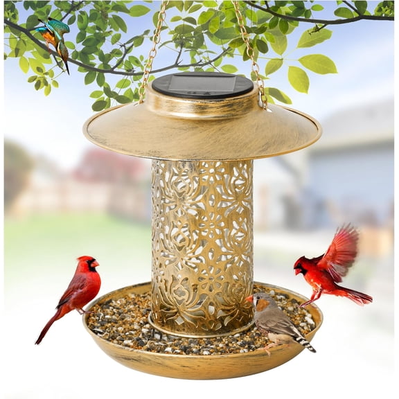 Solar Bird Feeder for Outdoors Hanging, Metal Wild Bird Feeder for Cardinals Solar Garden Lantern with S Hook as Gift Ideas for Bird Lovers (2LBs Heavy Duty Weather Resistance birdfeeders)