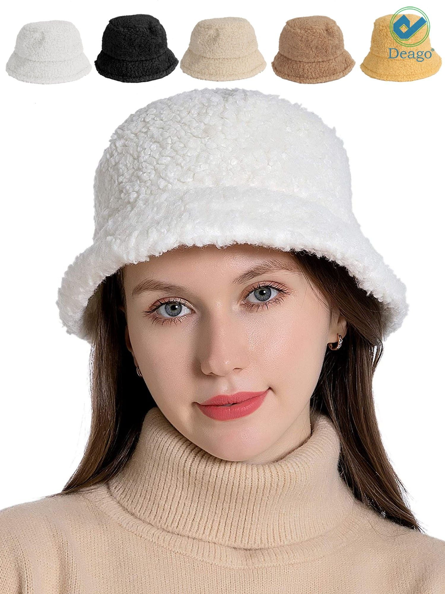 Black 2 Pieces Women Winter Plush Bucket Hats Vintage Smile Cloche Hats ...