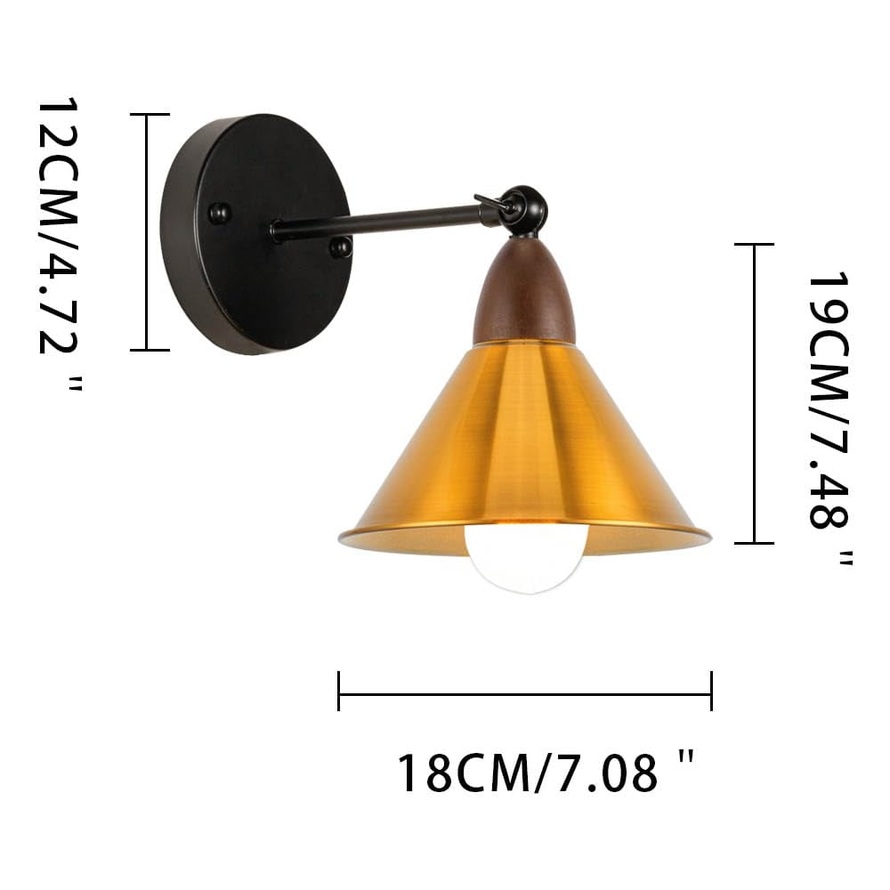 KAYYELAMP Retro Wall Sconce Battery Run Remote Dimmable Lighting Walnut Base Gold Metal Shade Industrial Style for Dorm Stairways Laundry Room