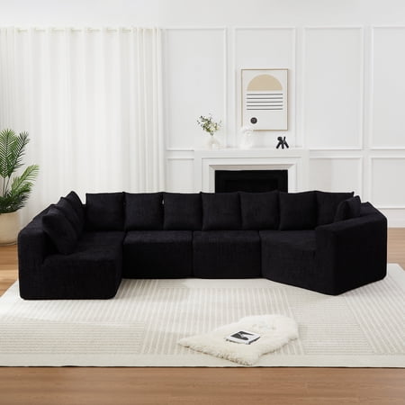 FFZ 151.6 inch Extra-Large L-Shaped Deep-Seat Modular Chenille Sofa with 11 Pillows, No Assembly, Black