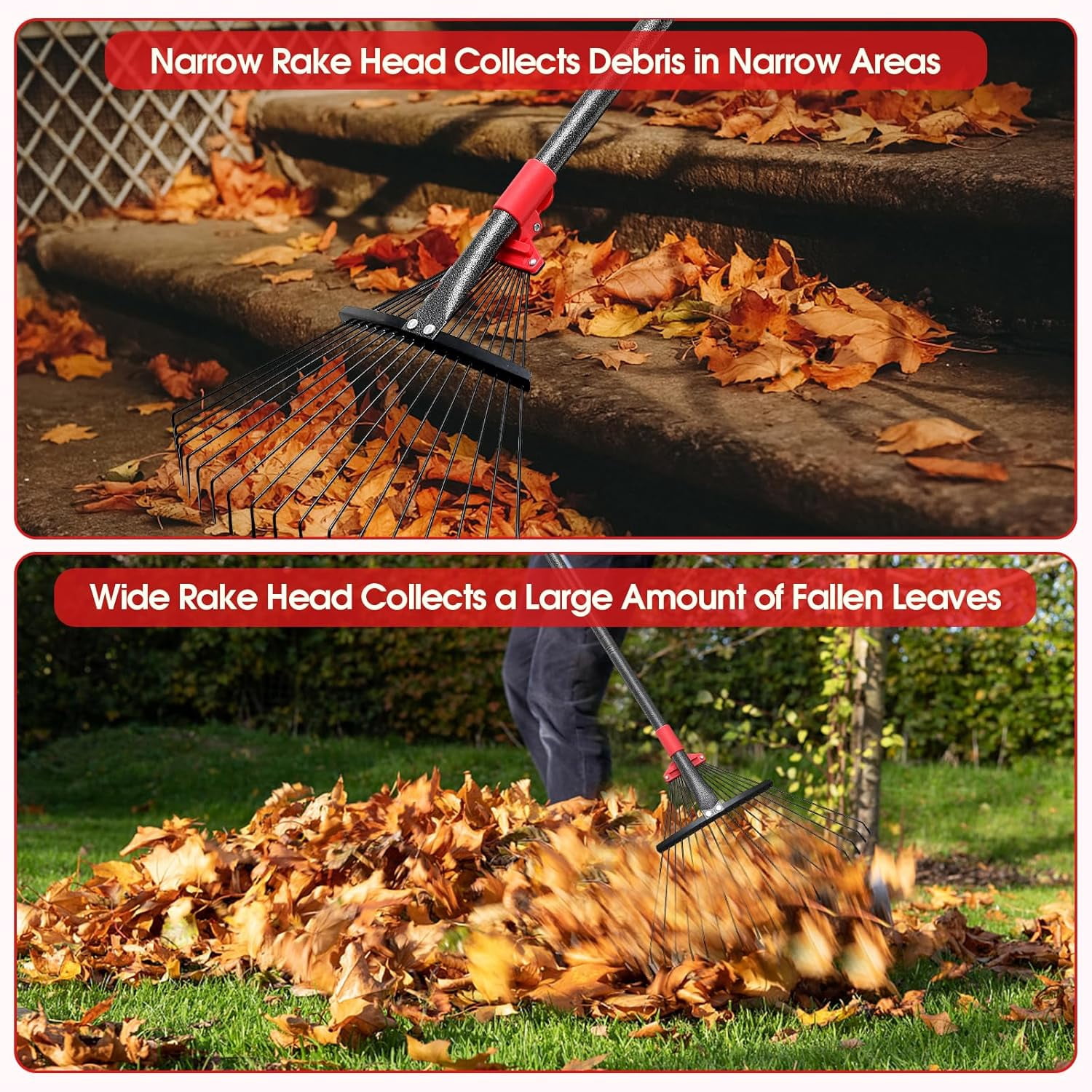 Rake for Leaves with Metal Tines Expandable Head Adjustable Handle for Lawn Leaf Rake Yard Tools for Collecting Leaves, Grass Clippings, Garbage