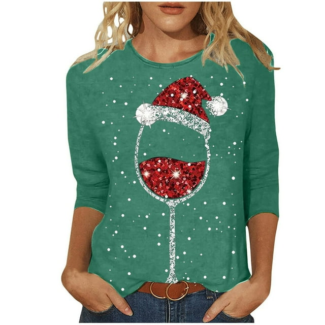 Hauts d'Été pour Femmes Noël Verre de Vin Rouge Imprimé Col Rond Manches Trois-Quarts T-Shirts Surdimensionnés pour Femmes Vert TTG