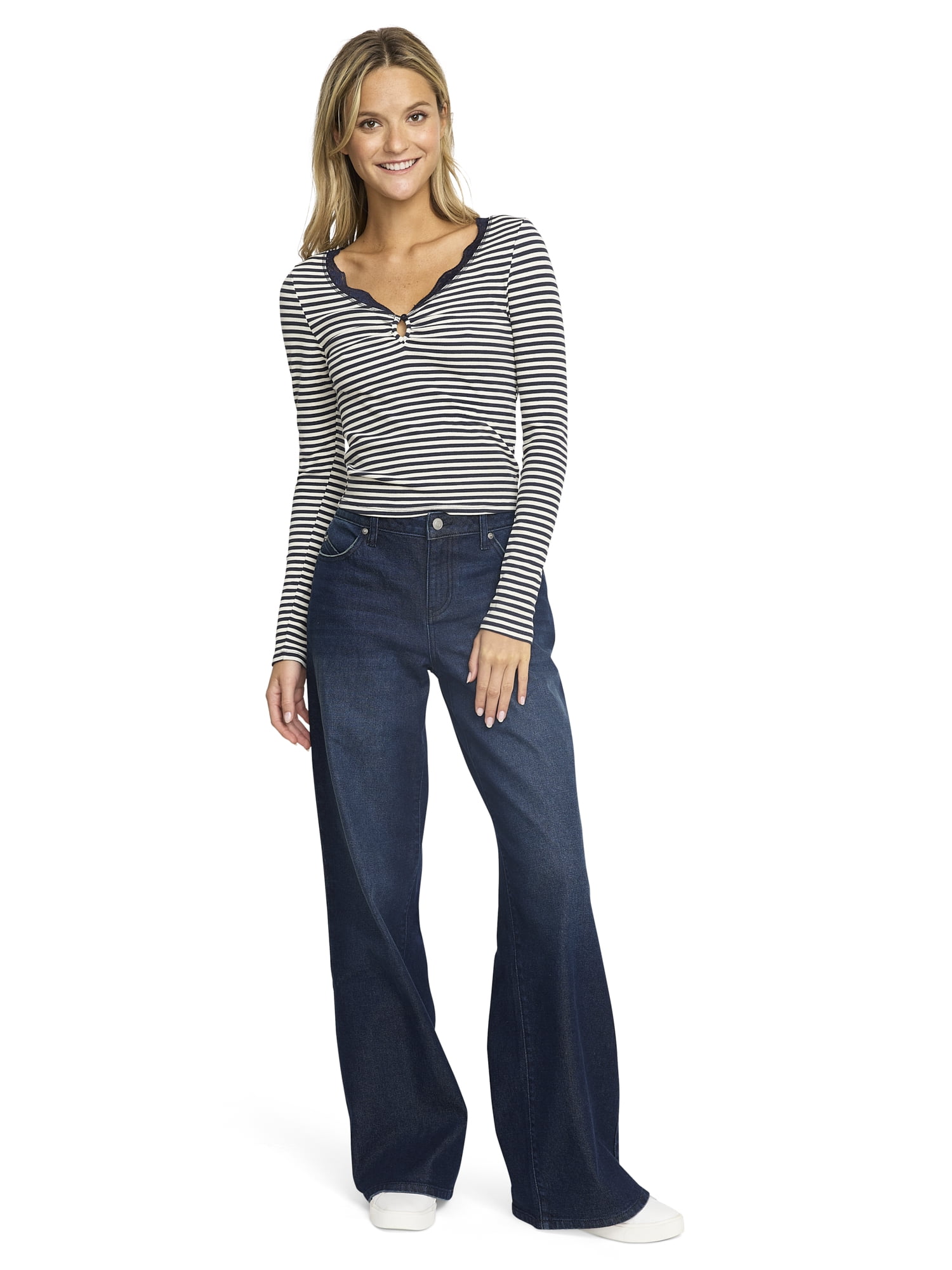 Mills by Millie Bobby Brown Women's Cut and Sew Henley Long Sleeve Top, Sizes XXS-XXXL