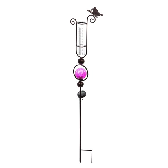 Evergreen Garden Metal Outdoor Solar Rain Gauge Garden Stake in Pink 44.5 Inches, Decorative Rain Gauge for Your Garden or Yard