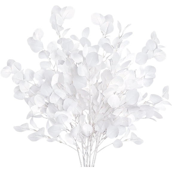 Eucalyptus Leaves Artificial Eucalyptus Stems Long Silver Dollar Leaves Faux Leaf Branches Fake Silk Eucalyptus for Spring Summer Home Festival Thanksgiving Christmas Decor (White)