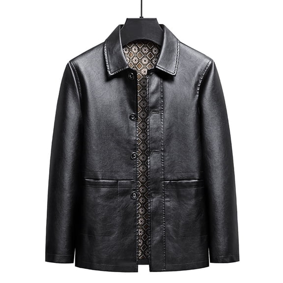 Pejock Men's Leather Coat with Flip Collar and Long Sleeves, Casual Fashion Jacket, Lightweight Polyester for Spring Winter, Daily Wear, Outdoor Activities