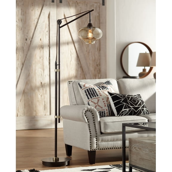 Franklin Iron Works Calyx Industrial Downbridge Floor Lamp 66" Tall Bronze Dimmable LED Cognac Tinted Glass for Living Room Reading Bedroom House Home