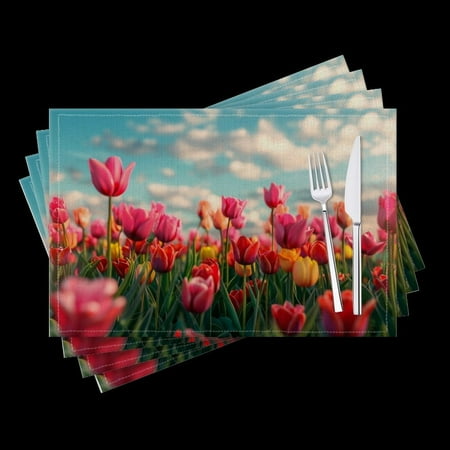 

BaHomeck placemats Set of 4 Colorful Tulip Field With Blue Sky And Clouds In Springtime Cotton Linen rectangle Placemats for Kitchen Dining Table Indoor Outdoor 18*12inch
