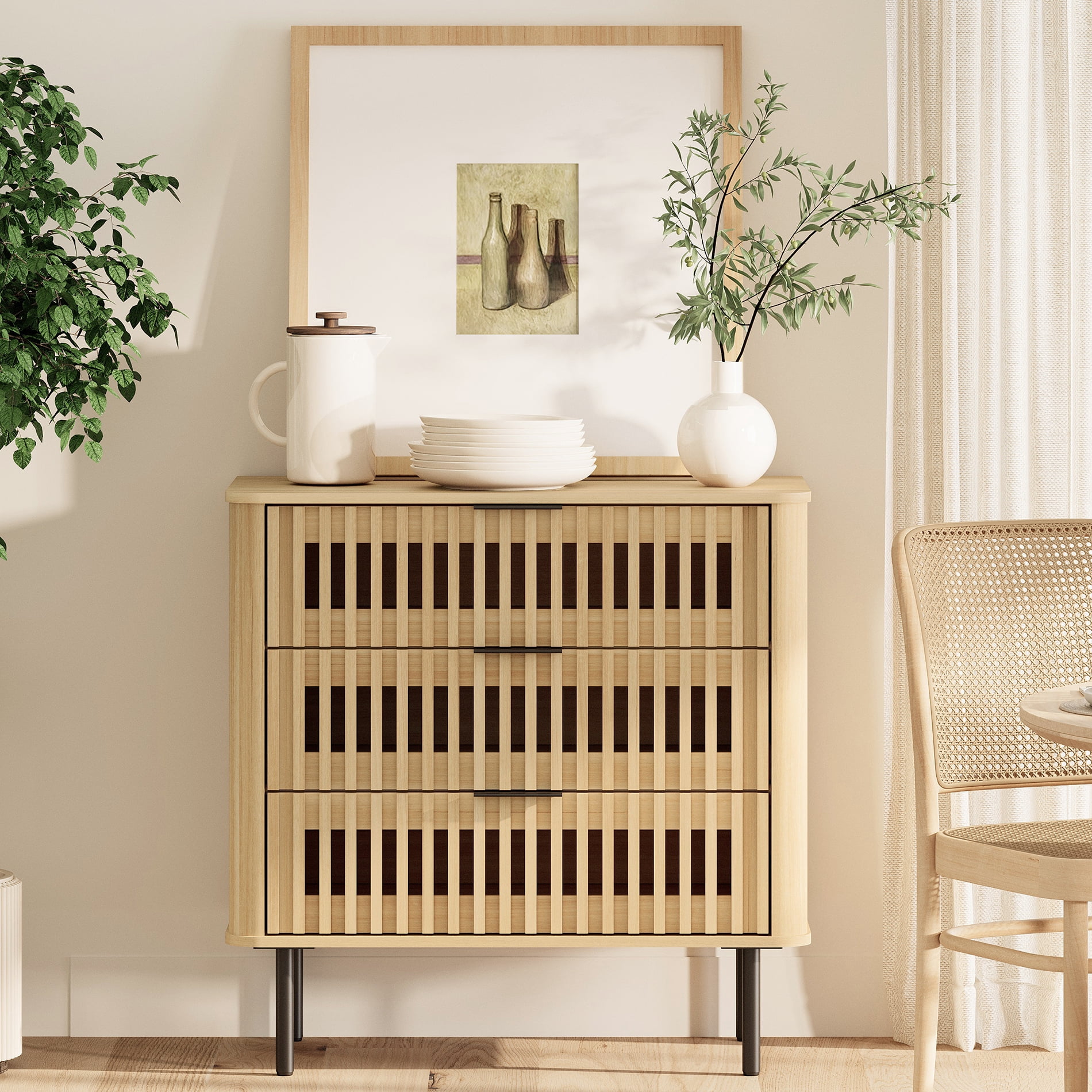 31.5"W Sideboard Buffet Cabinet with Storage, Fluted Kitchen Buffet Storage Cabinet with 3 Drawer, Large Coffee Bar Cabinet, Modern Buffet Table for Dining Living Room, Oak