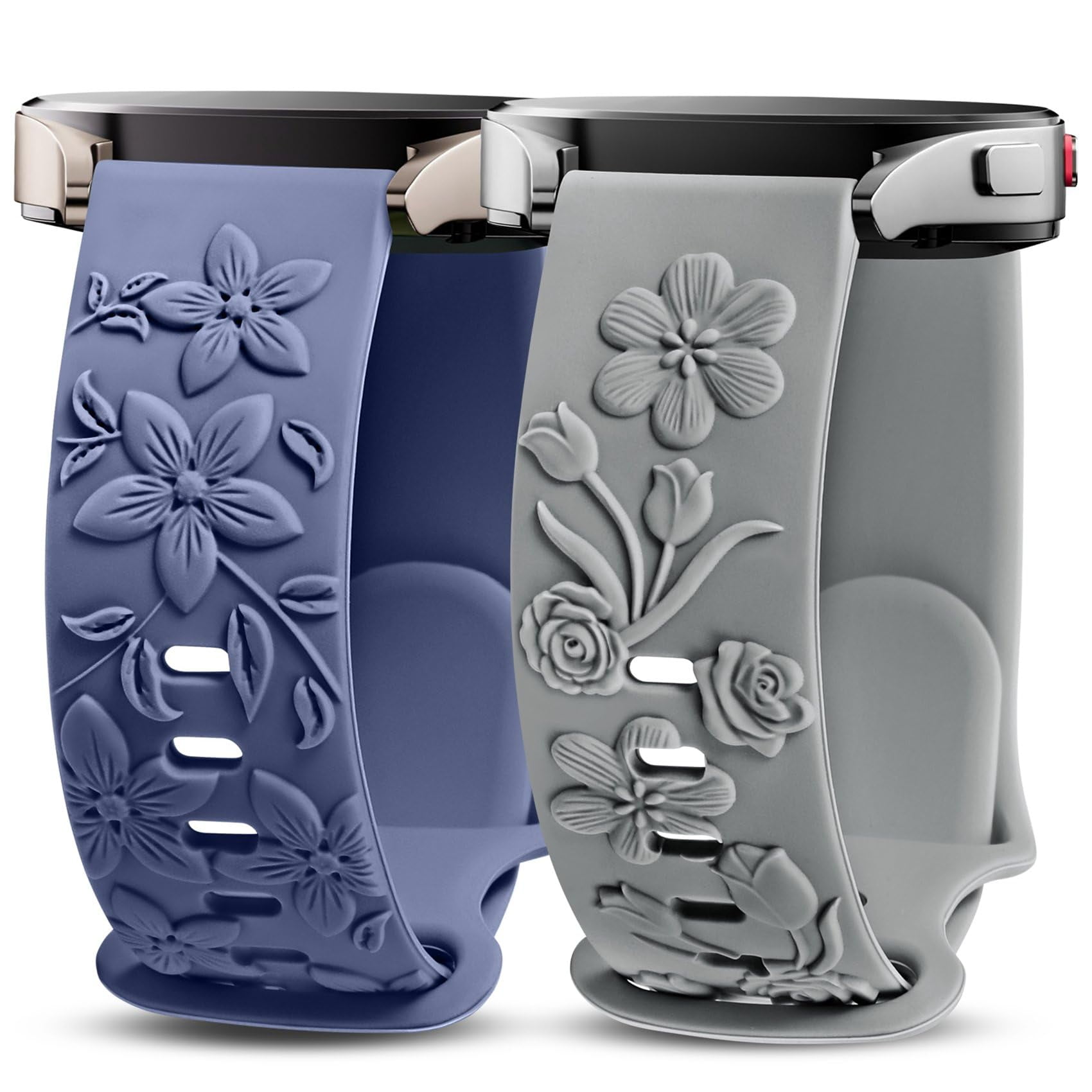 TOYOUTHS 2 Pack Rose Floral Engraved Bands Compatible with Samsung Galaxy Watch 7/6/5/4 Band 40mm 44mm, Women 20mm Silicone Dressy Embossed Flower Strap for Active 2/Watch 5 Pro/Watch FE
